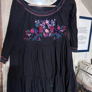 Free People Black Dress with Floral Embroidery